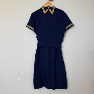 Vintage 50s-60s wool knit shirt skirt set navy blue gold beaded embroidery XS-S